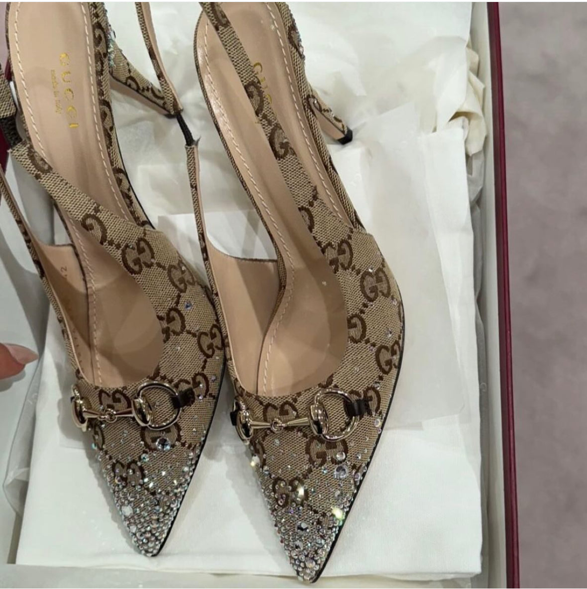 Gucci Horsebit GG Canvas Crystal-Embellished Slingback Pumps