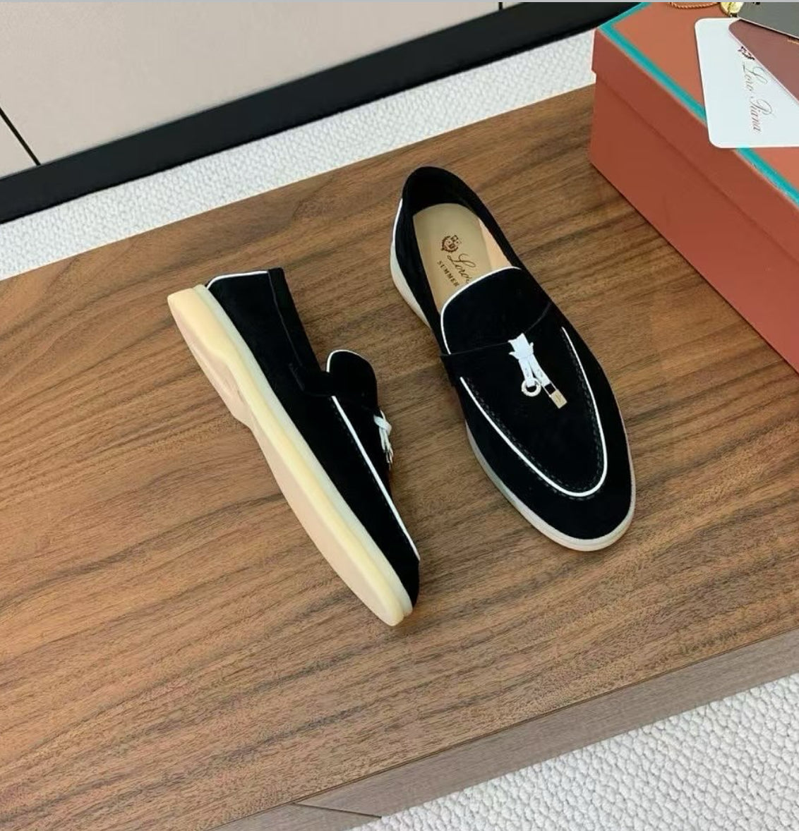 LORO PIANA SUMMER WALK LOAFERS-Black/White