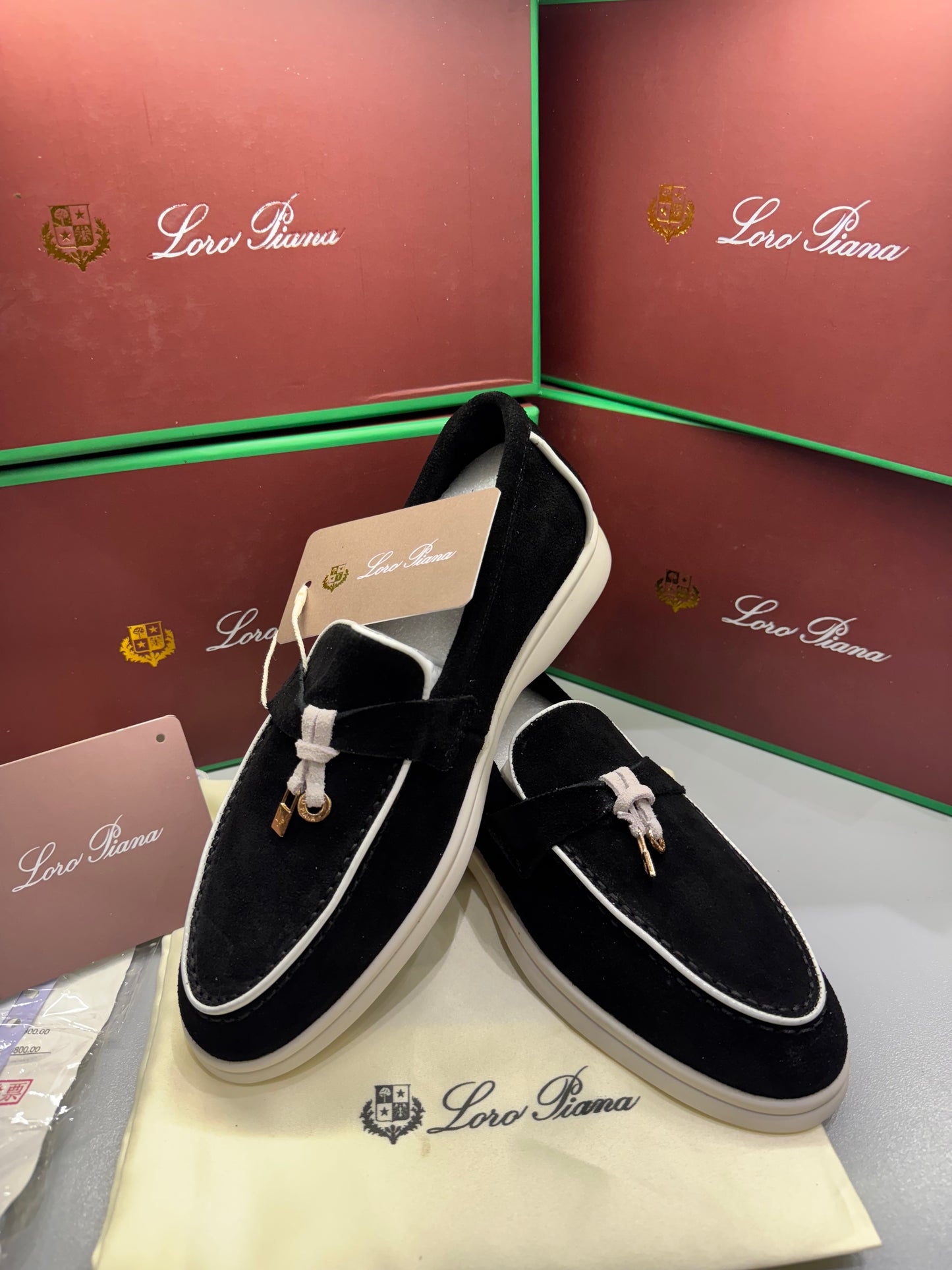 LORO PIANA SUMMER WALK LOAFERS-Black/White