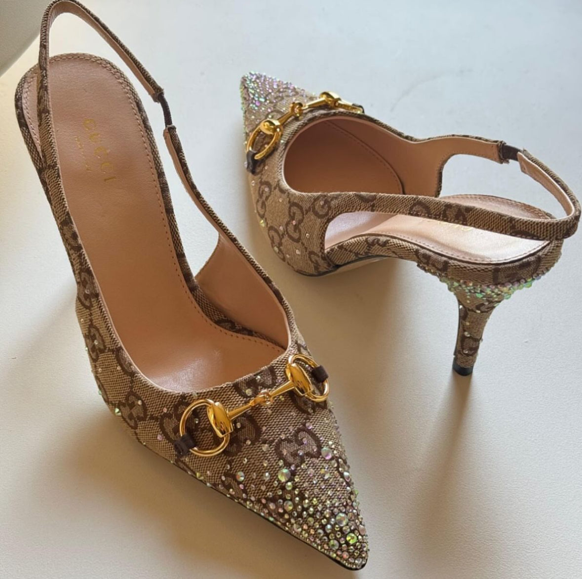 Gucci Horsebit GG Canvas Crystal-Embellished Slingback Pumps