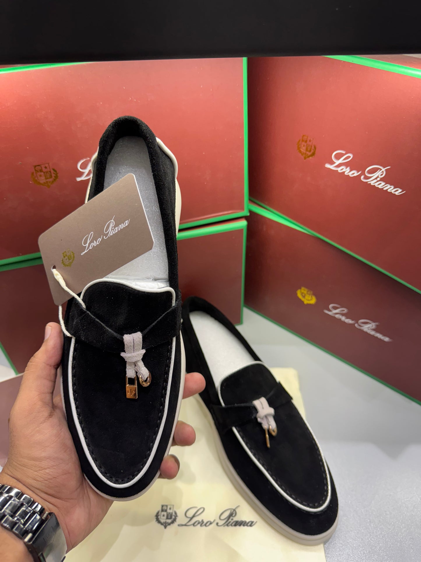 LORO PIANA SUMMER WALK LOAFERS-Black/White