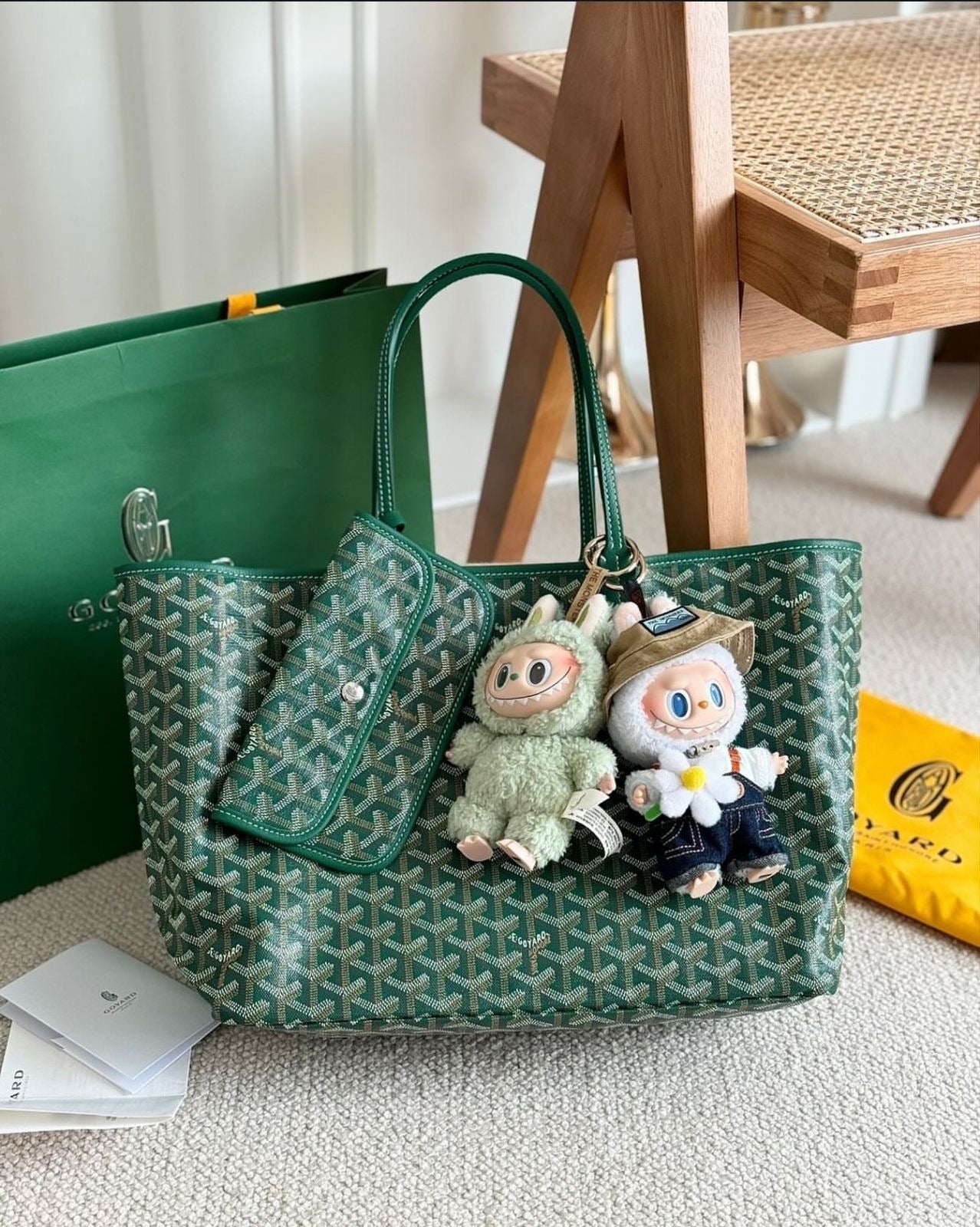 GOYARD Saint Louis Green Reversible Tote Bag with Pouch and Labubu