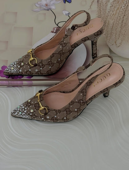 Gucci Horsebit GG Canvas Crystal-Embellished Slingback Pumps