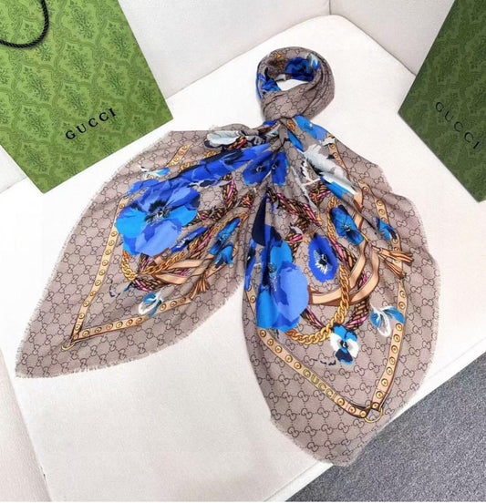 GUCCI BICOLOR GG FLORAL SCARF PRINT BLUE