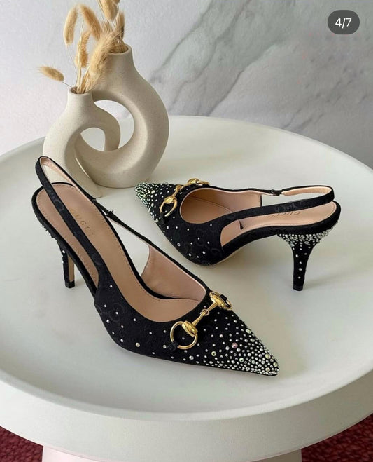 Gucci Horsebit GG Canvas Crystal-Embellished Slingback Pumps