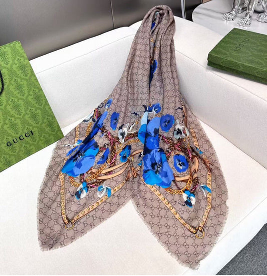GUCCI BICOLOR GG FLORAL SCARF PRINT BLUE
