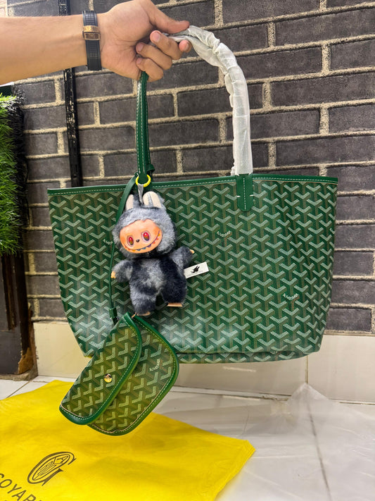 GOYARD Saint Louis Green Reversible Tote Bag with Pouch and Labubu