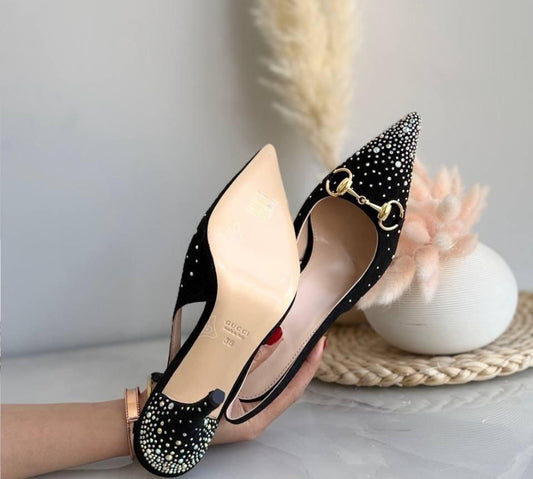 Gucci Horsebit GG Canvas Crystal-Embellished Slingback Pumps