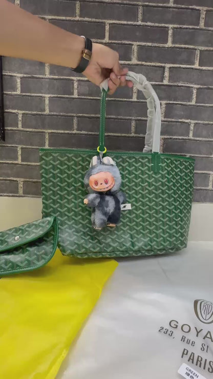 GOYARD Saint Louis Green Reversible Tote Bag with Pouch and Labubu